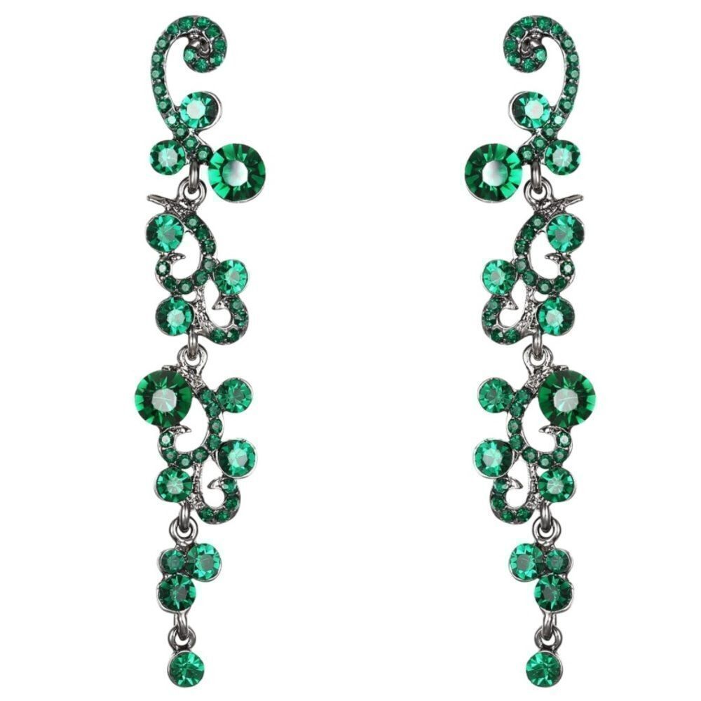 Gun Metal with Emerald Green Austrian Crystal Wave Statement Post Drop Earrings